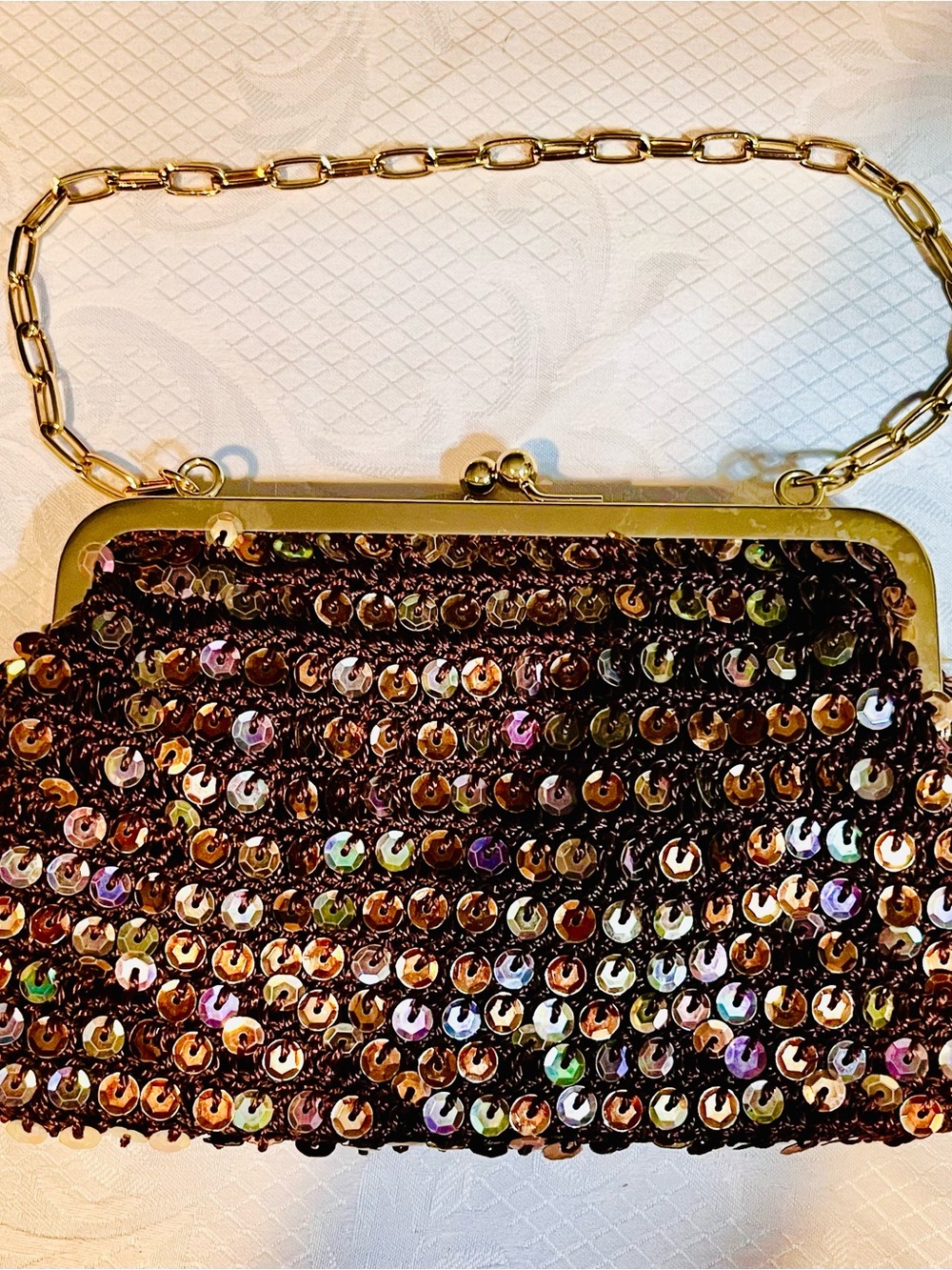 Iridescent Brown Sequin Evening Clutch with Gold Chain, Kiss Lock, Maggie Barnes